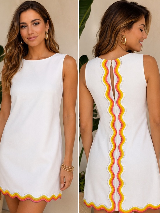 Trina Turk Dresses & Skirts - Trina Turk White Shift Dress Rainbow Ric Rac Trim Sleeveless Mod Mini-Size S/M